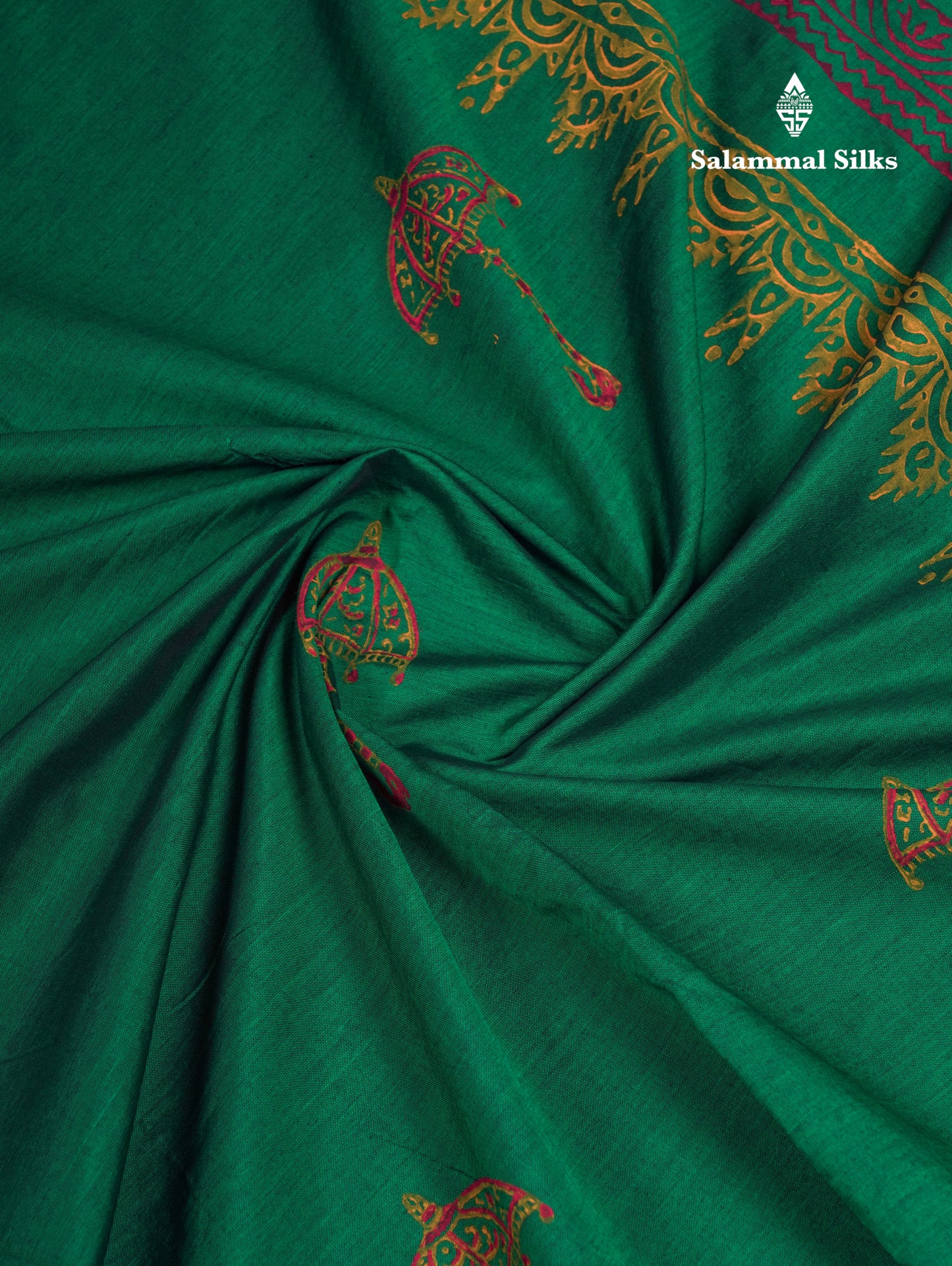 Beautiful Bottle Green South Cotton Printed Saree With Contrast Dark Maroon Blouse