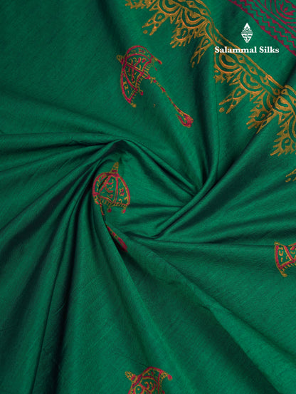 Beautiful Bottle Green South Cotton Printed Saree With Contrast Dark Maroon Blouse