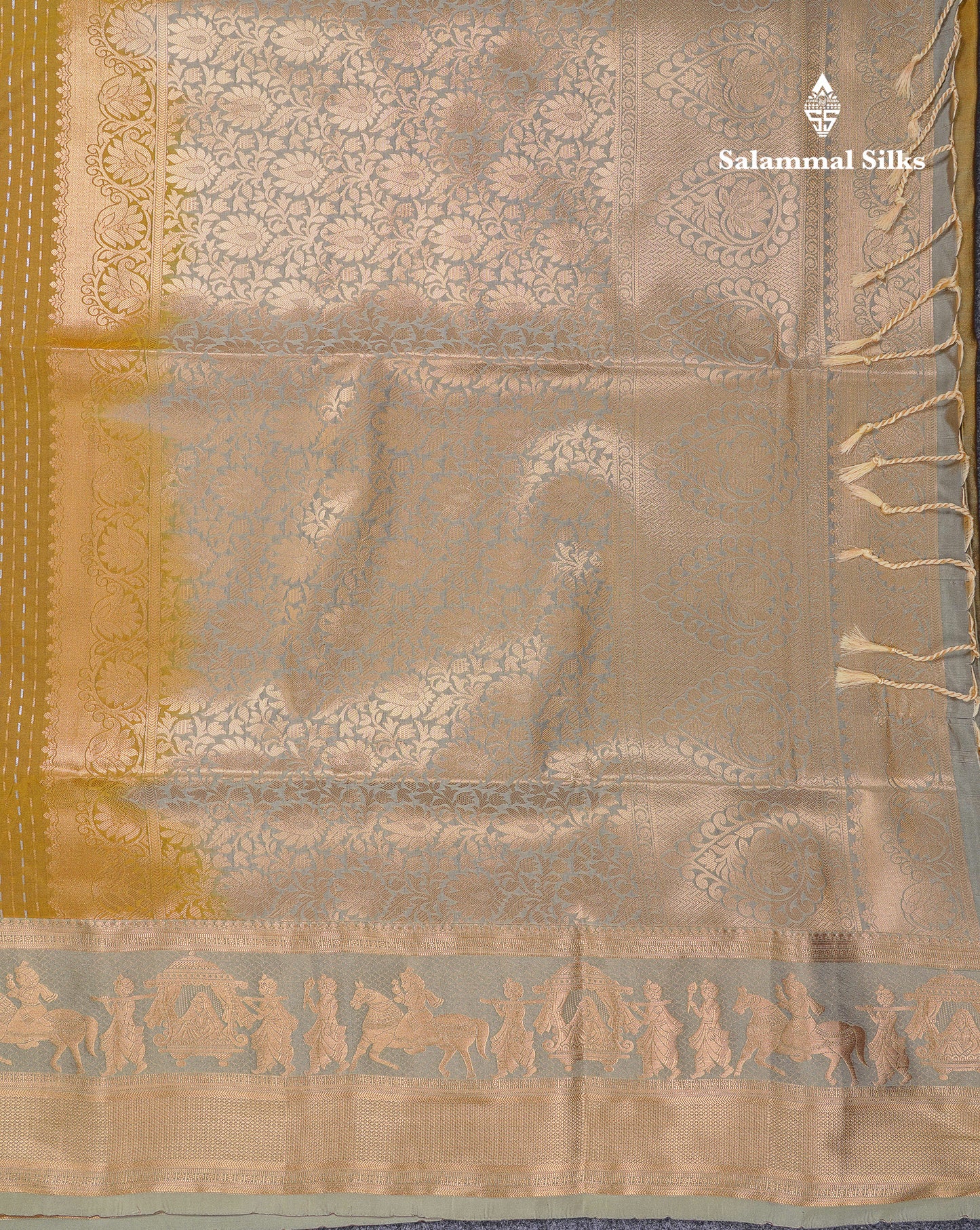 Beautiful Dark Violet Silver & Gold Zari Buttas Semi Silk Saree With Contrast Olive Green Traditional Pallaku Border