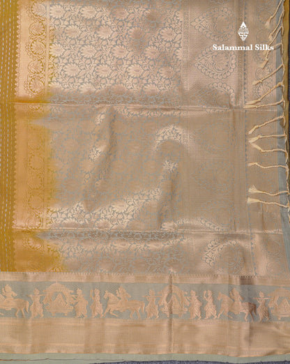 Beautiful Dark Violet Silver & Gold Zari Buttas Semi Silk Saree With Contrast Olive Green Traditional Pallaku Border