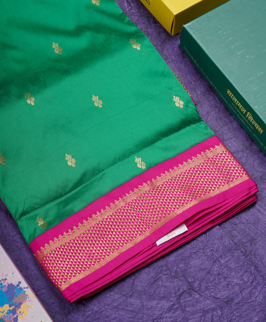 11 Yards Green Semi Silk Saree with Contrast Pink Border
