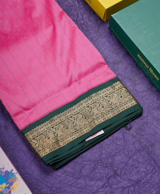 9 Yards Semi Silk Saree Pink with Contrast Bottle Green Traditional Border