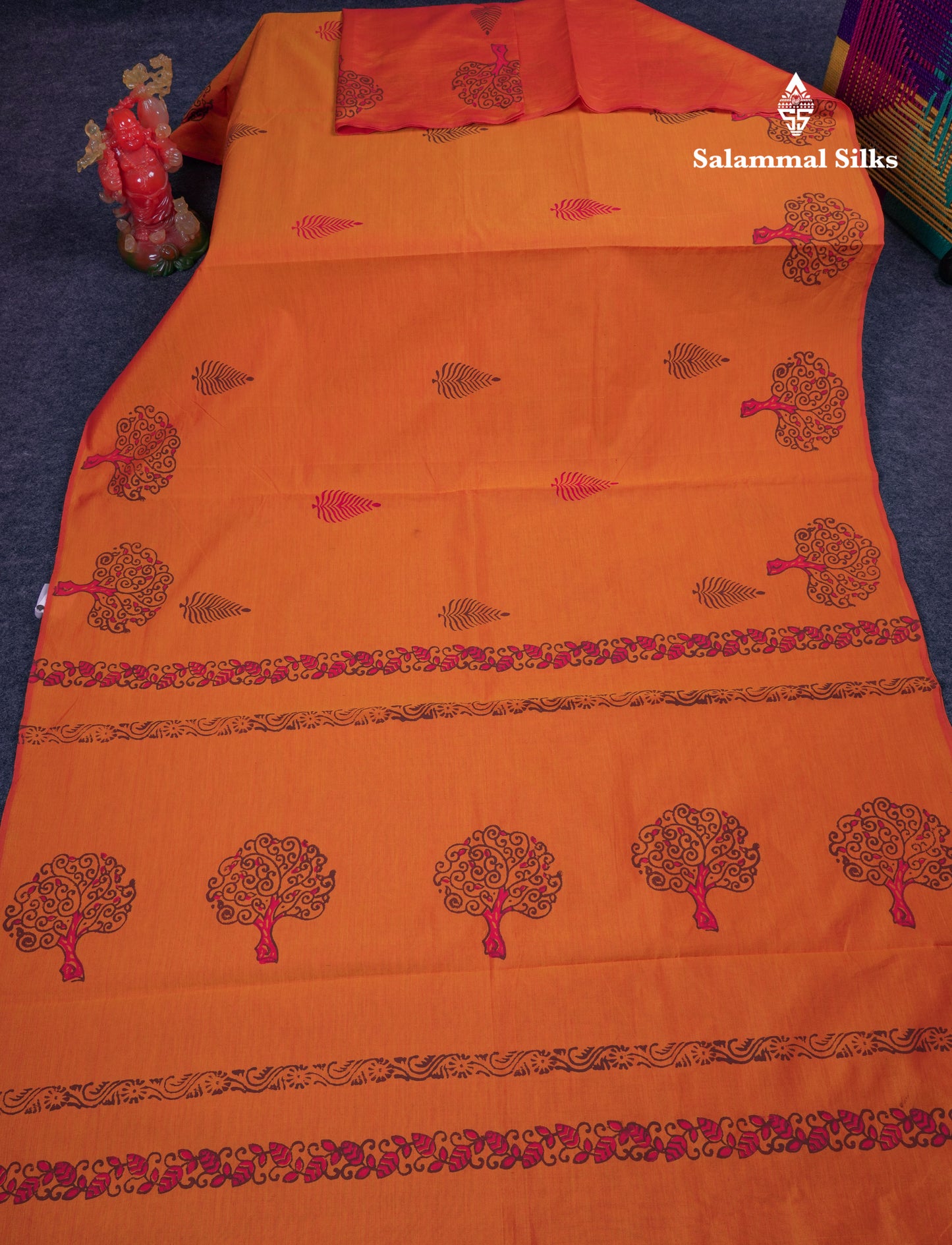 Beautiful Orange South Cotton Printed Saree With Contrast Brown Blouse