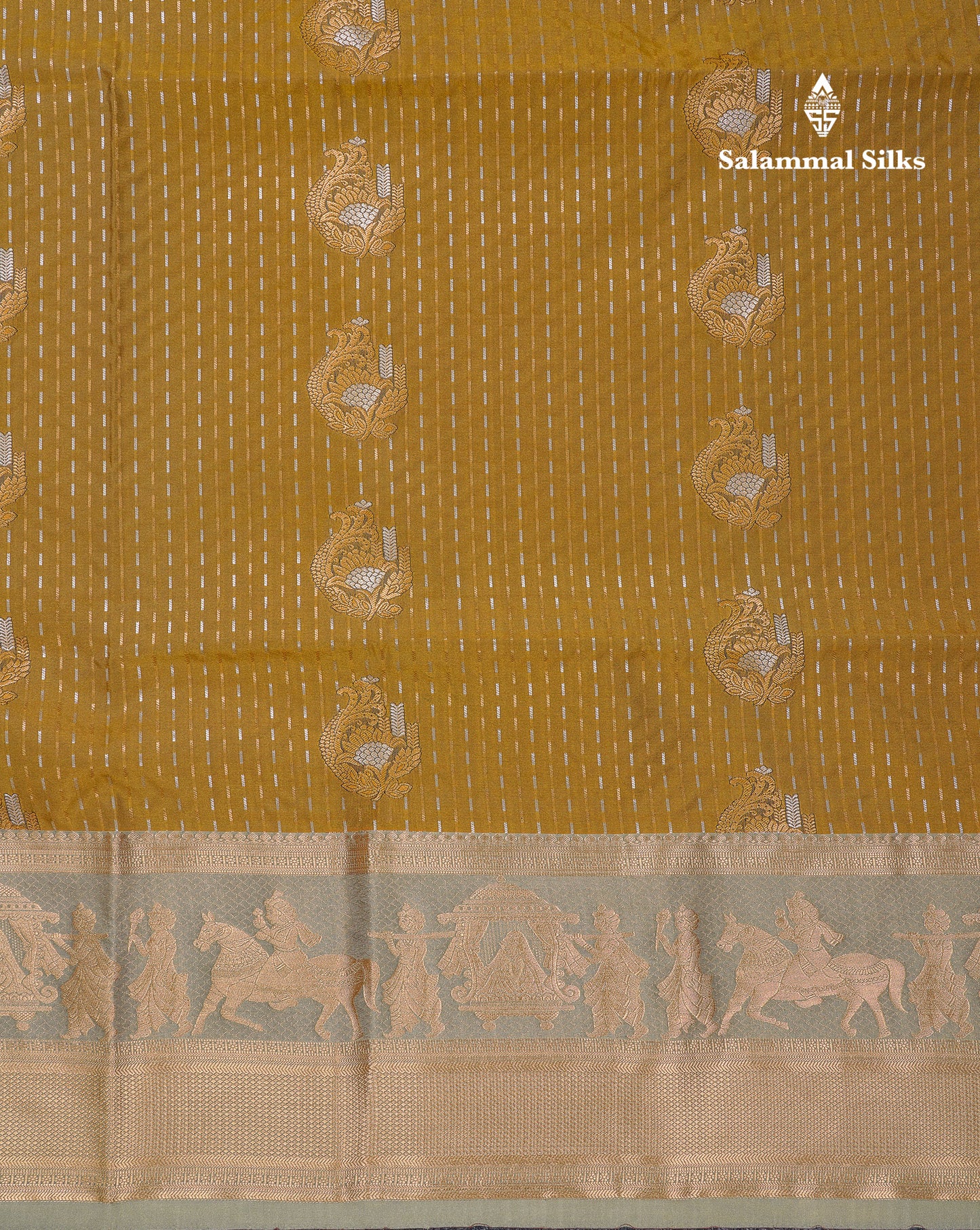 Beautiful Dark Violet Silver & Gold Zari Buttas Semi Silk Saree With Contrast Olive Green Traditional Pallaku Border