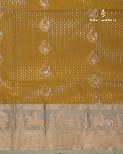 Beautiful Dark Violet Silver & Gold Zari Buttas Semi Silk Saree With Contrast Olive Green Traditional Pallaku Border