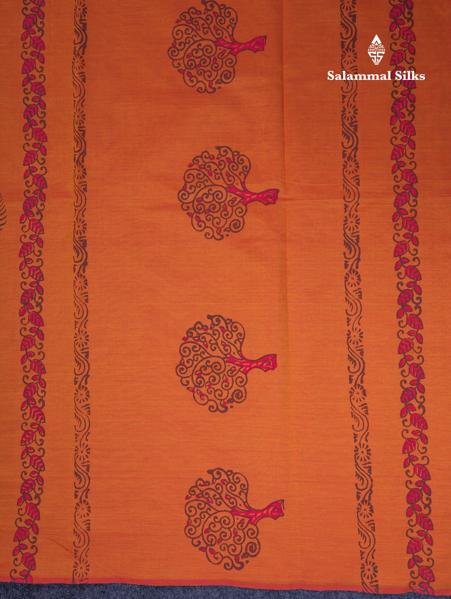 Beautiful Orange South Cotton Printed Saree With Contrast Brown Blouse