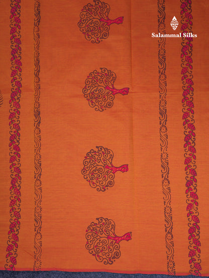 Beautiful Orange South Cotton Printed Saree With Contrast Brown Blouse