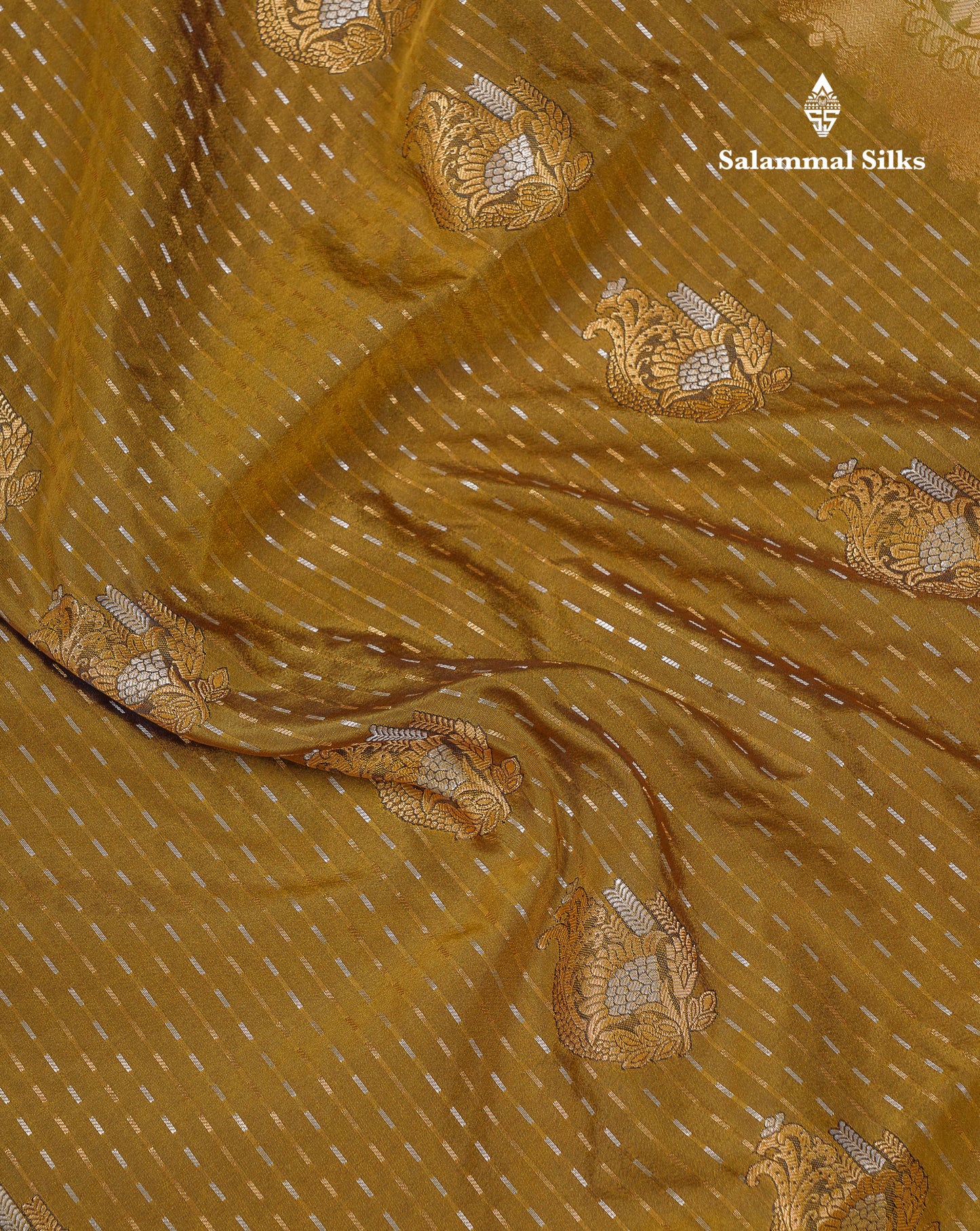 Beautiful Dark Violet Silver & Gold Zari Buttas Semi Silk Saree With Contrast Olive Green Traditional Pallaku Border