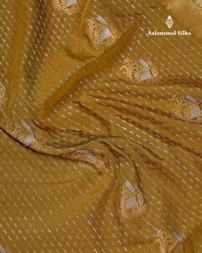 Beautiful Dark Violet Silver & Gold Zari Buttas Semi Silk Saree With Contrast Olive Green Traditional Pallaku Border