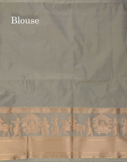 Beautiful Dark Violet Silver & Gold Zari Buttas Semi Silk Saree With Contrast Olive Green Traditional Pallaku Border