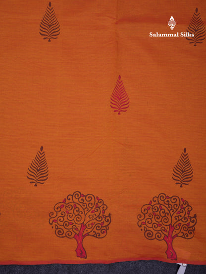 Beautiful Orange South Cotton Printed Saree With Contrast Brown Blouse