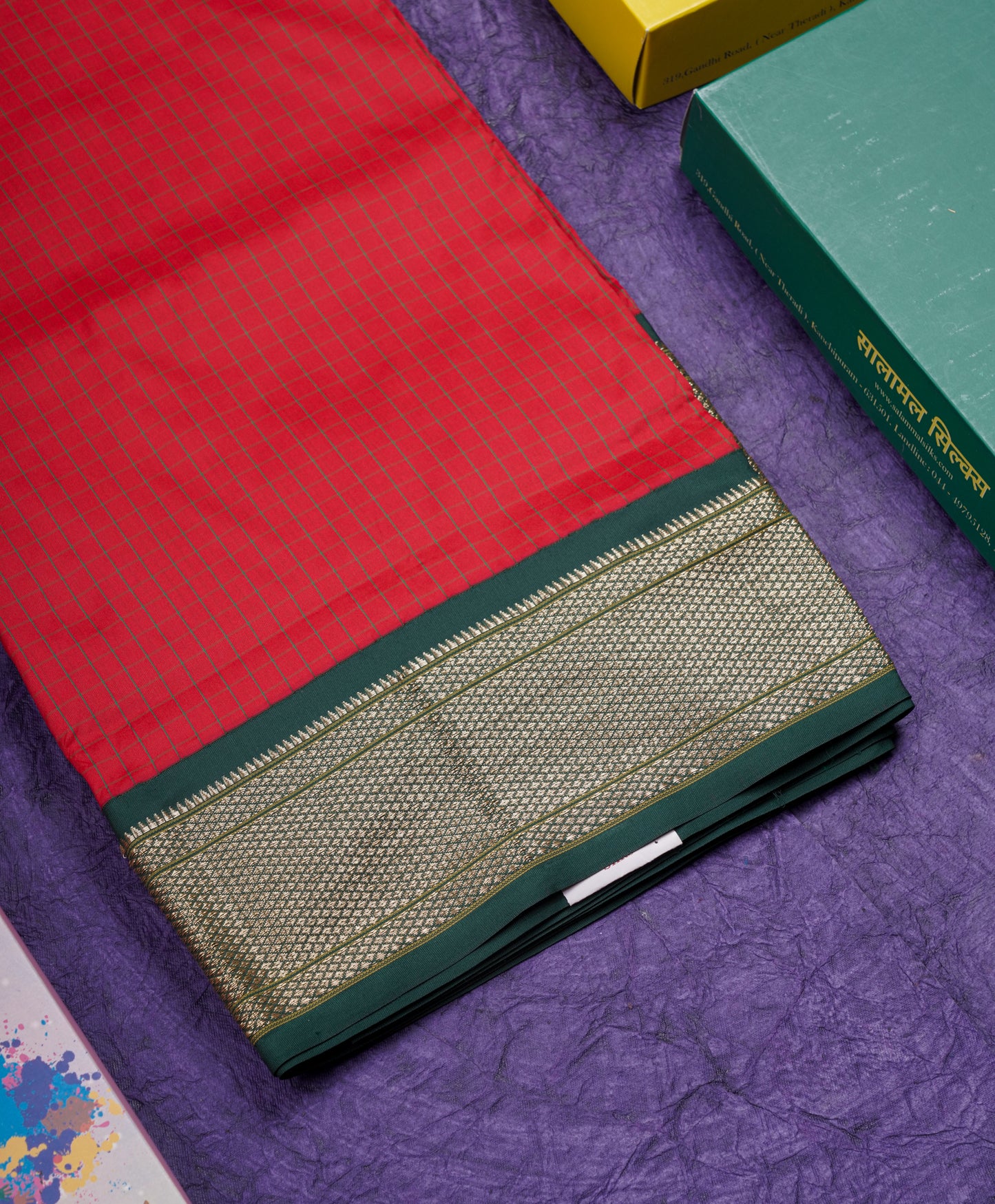 9 Yards Semi Silk Saree Peacock Green Colour with Pink Border