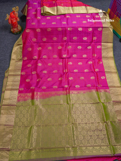 Beautiful Dual Tone Pink Pure Kanjivaram Silk Saree With Contrast Dual Tone Green Blouse