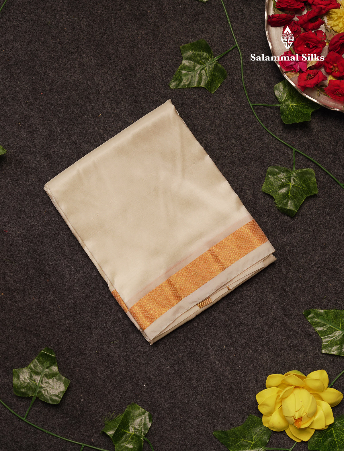 Beautiful Cream White Asha Mix (9x5)Dhoti With Gold Zari Border