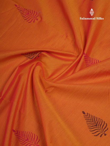 Beautiful Orange South Cotton Printed Saree With Contrast Brown Blouse
