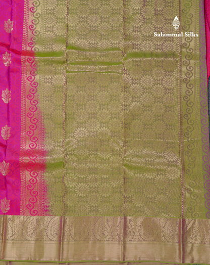 Beautiful Dual Tone Pink Pure Kanjivaram Silk Saree With Contrast Dual Tone Green Blouse