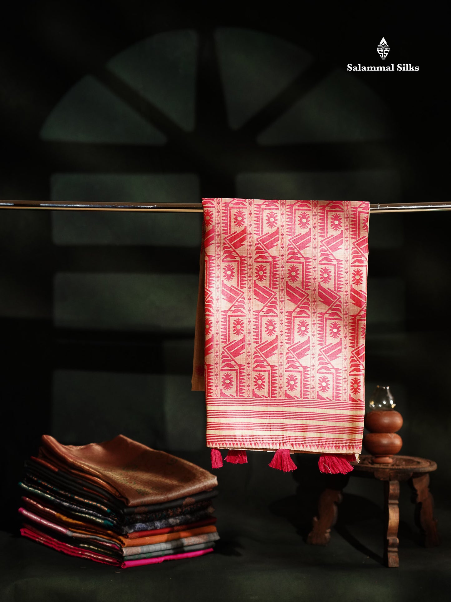 Beautiful Cream Sandal Thread Work & Zari Buttas Muga Cotton Saree With Contrast Pink Fancy Border
