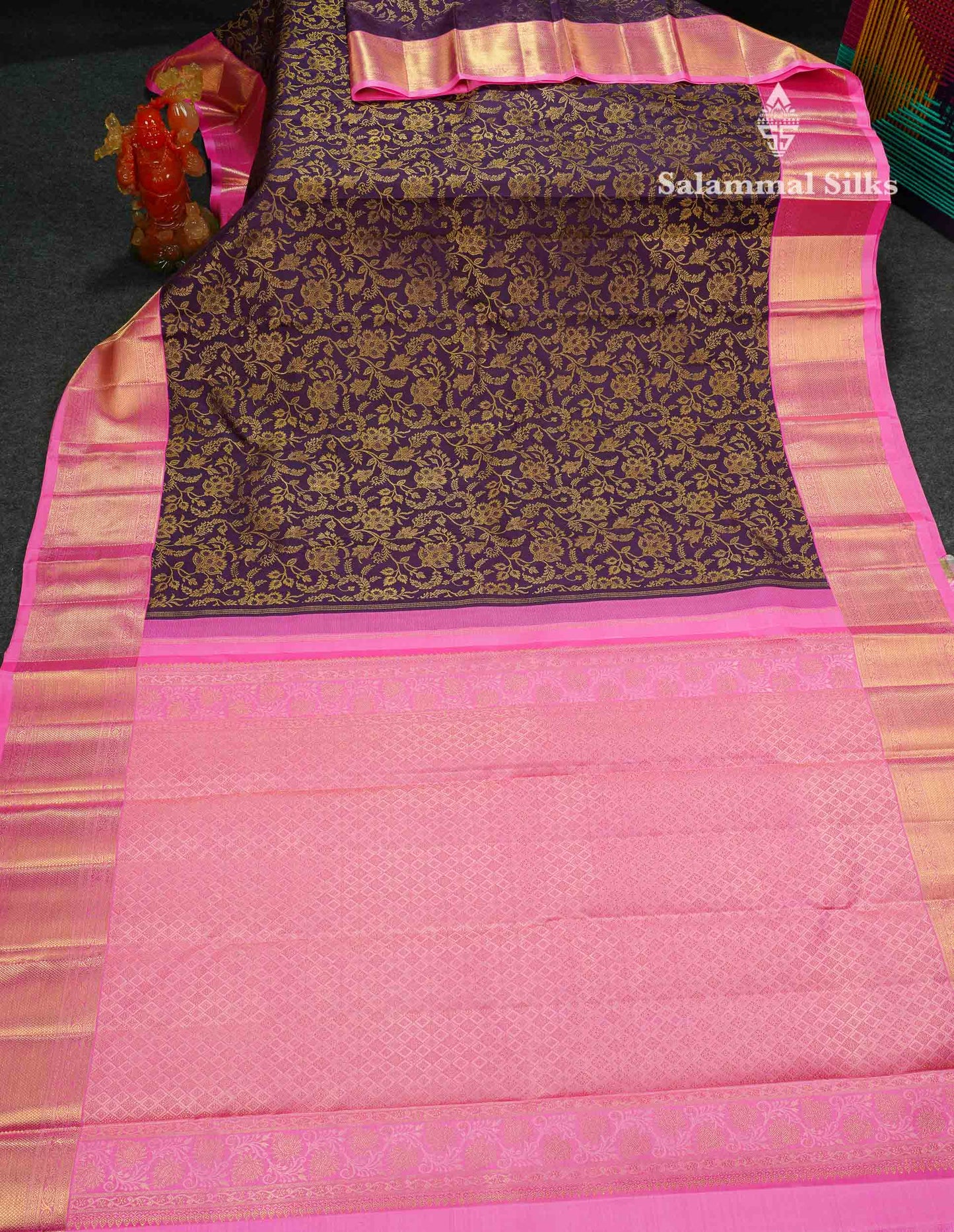 Korvai Beautiful Dark Violet Pure Kanjivaram Silk Saree Pure Zari With Contrast Pink Traditional Border