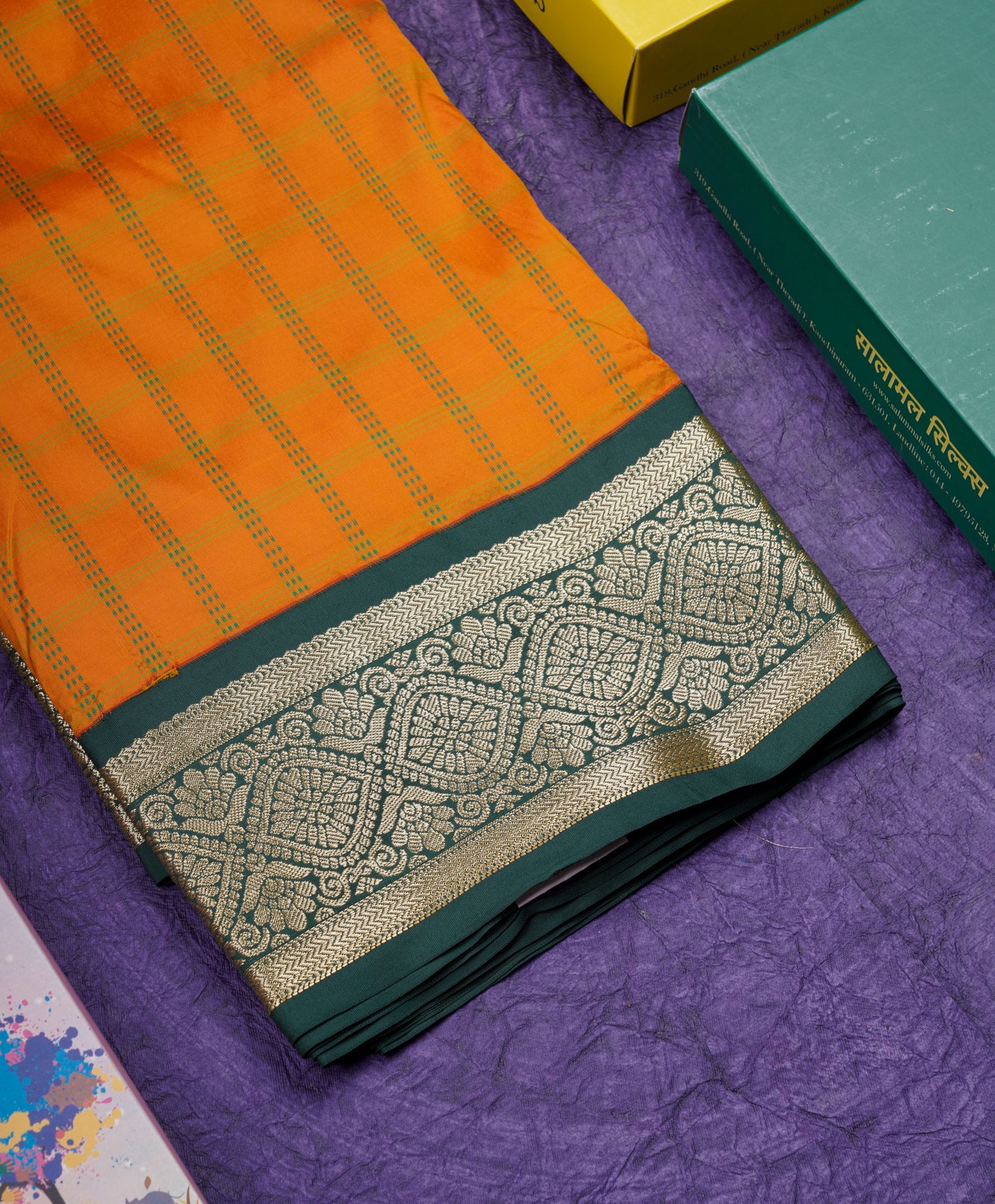 9 Yards Semi Silk Saree Orange Colour with Bottle Green Border