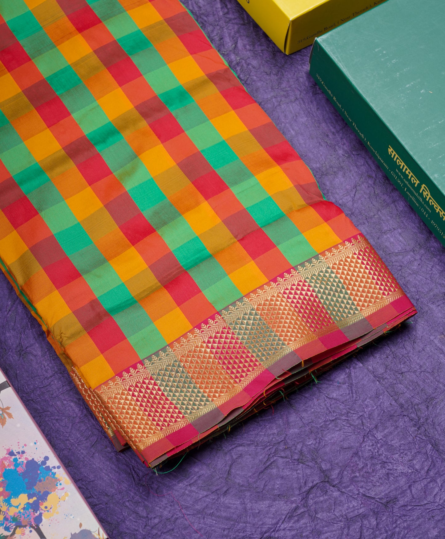 9.5 Yards Semi Silk Saree Multicolour Checks with Self Border