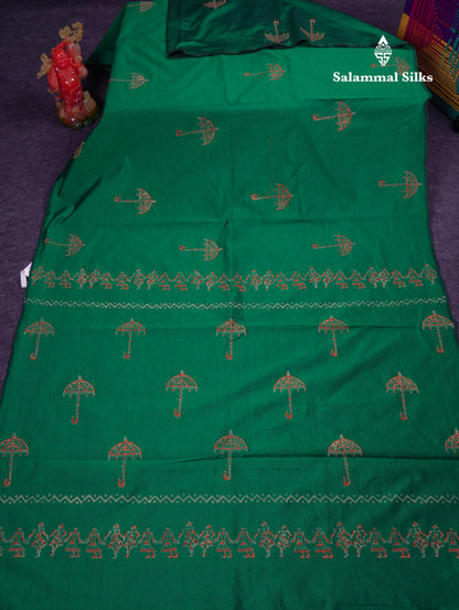 Beautiful Green South Cotton Printed Saree With Contrast Reddish Orange Blouse