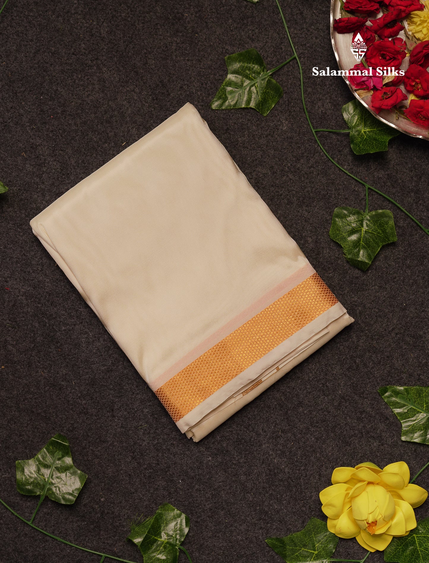 Beautiful Cream White Pure Mix 8 Muzham Dhoti With Gold Zari Border