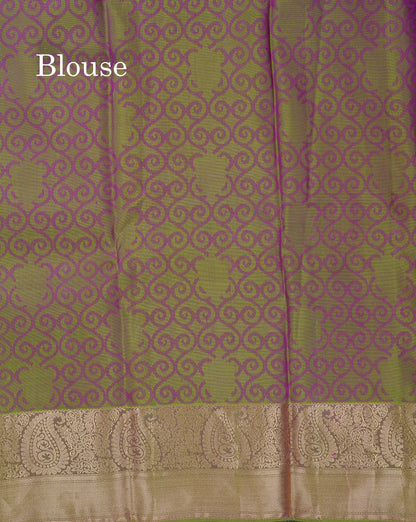 Beautiful Dual Tone Pink Pure Kanjivaram Silk Saree With Contrast Dual Tone Green Blouse