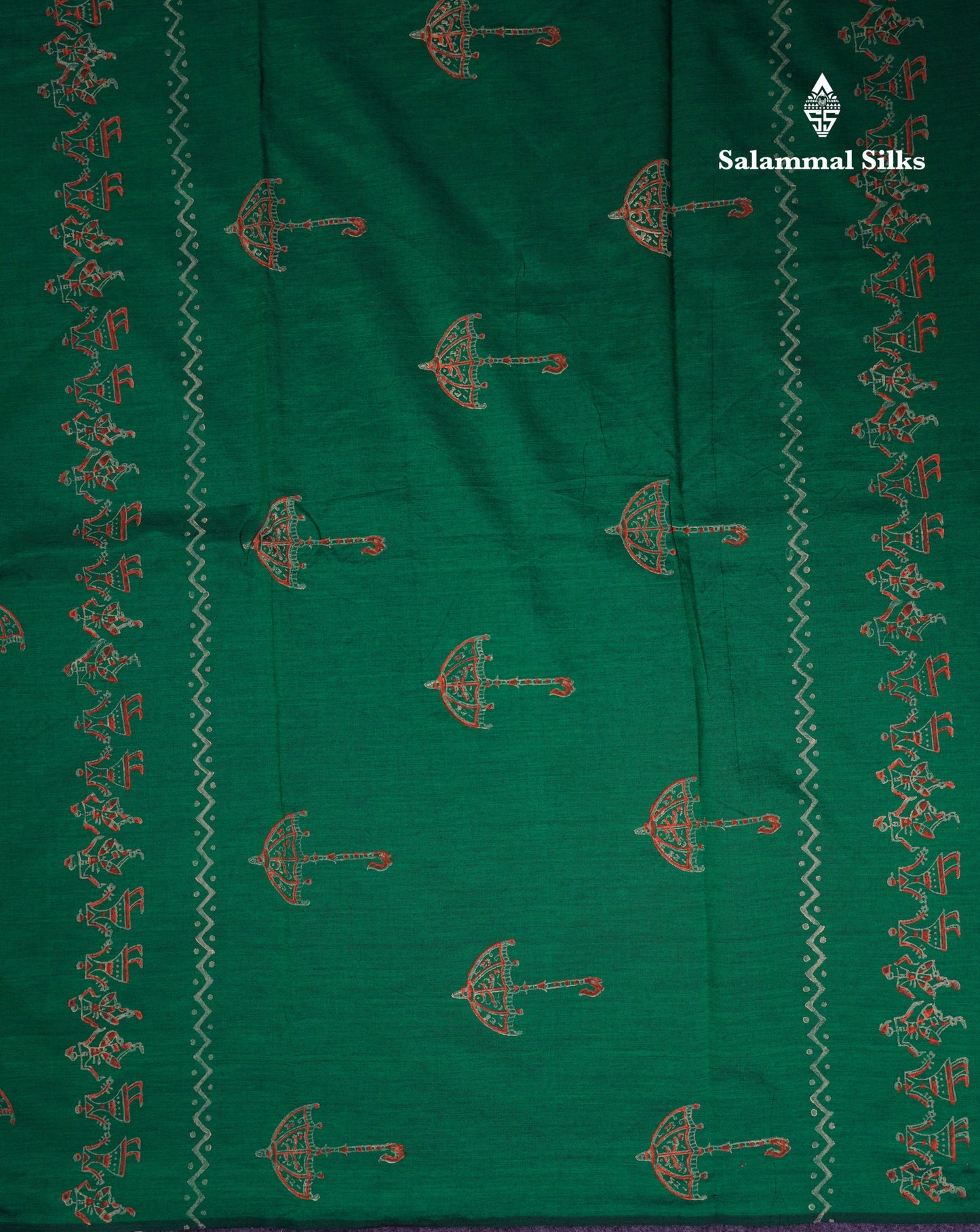 Beautiful Green South Cotton Printed Saree With Contrast Reddish Orange Blouse