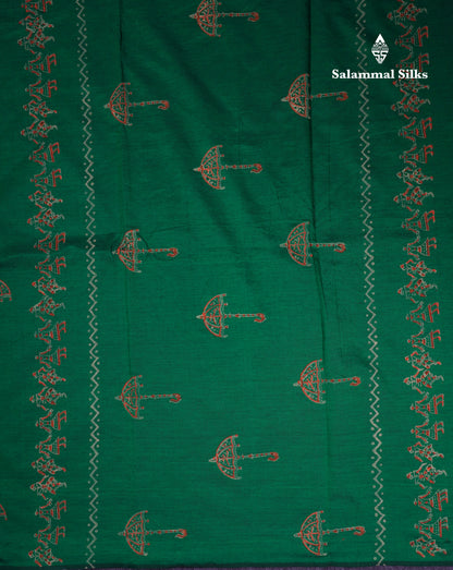 Beautiful Green South Cotton Printed Saree With Contrast Reddish Orange Blouse