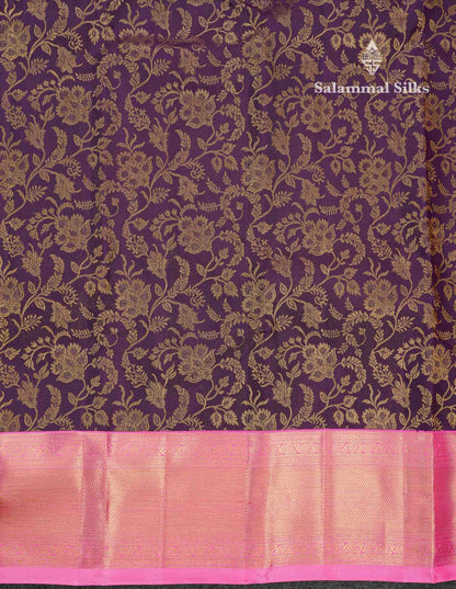 Korvai Beautiful Dark Violet Pure Kanjivaram Silk Saree Pure Zari With Contrast Pink Traditional Border