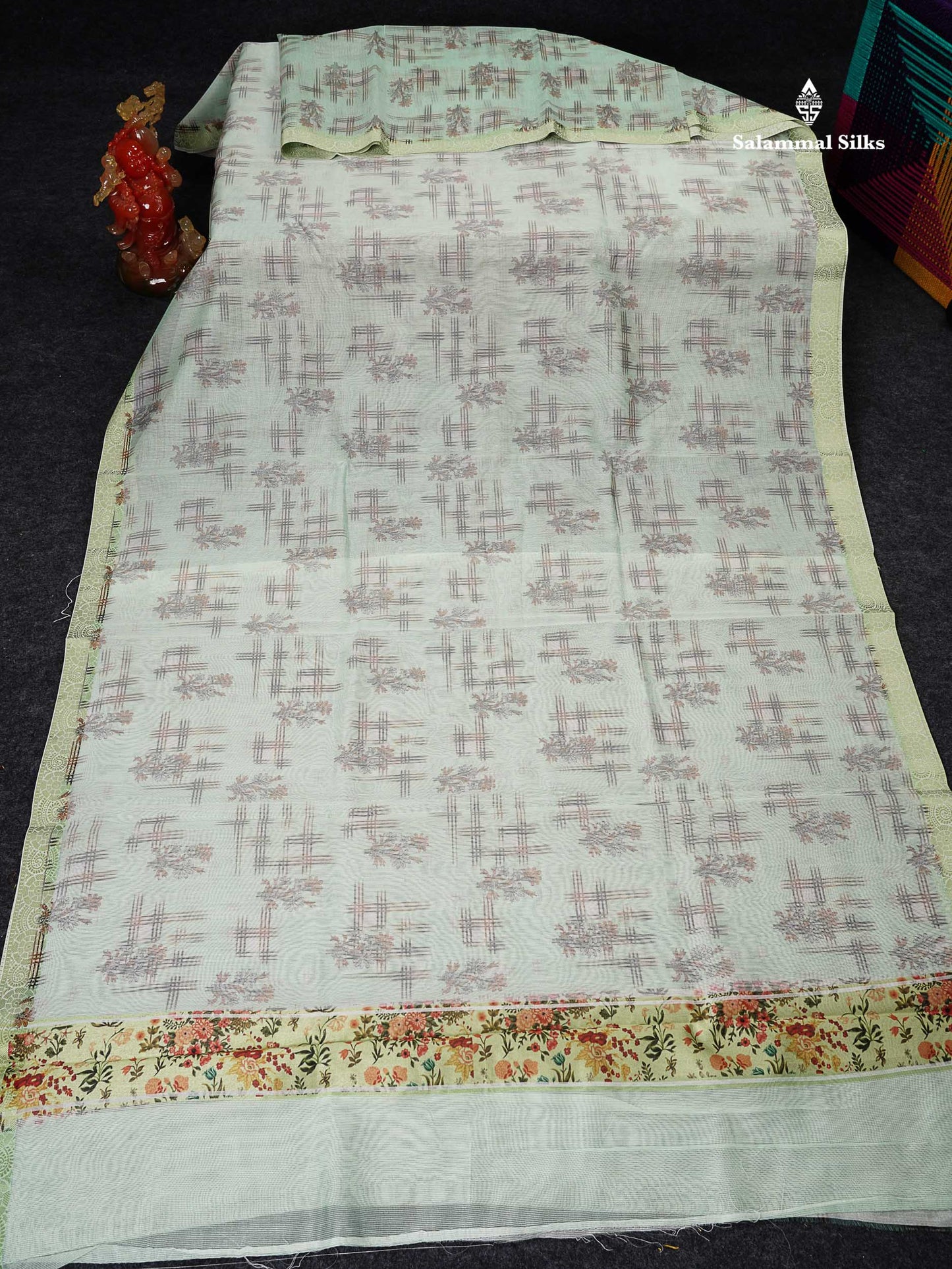 Cotton Mix Saree -  Elaichi Green Fancy Design Along With Small Thread Work Border