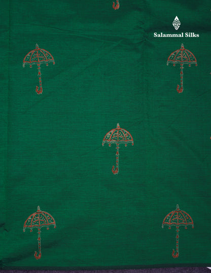 Beautiful Green South Cotton Printed Saree With Contrast Reddish Orange Blouse
