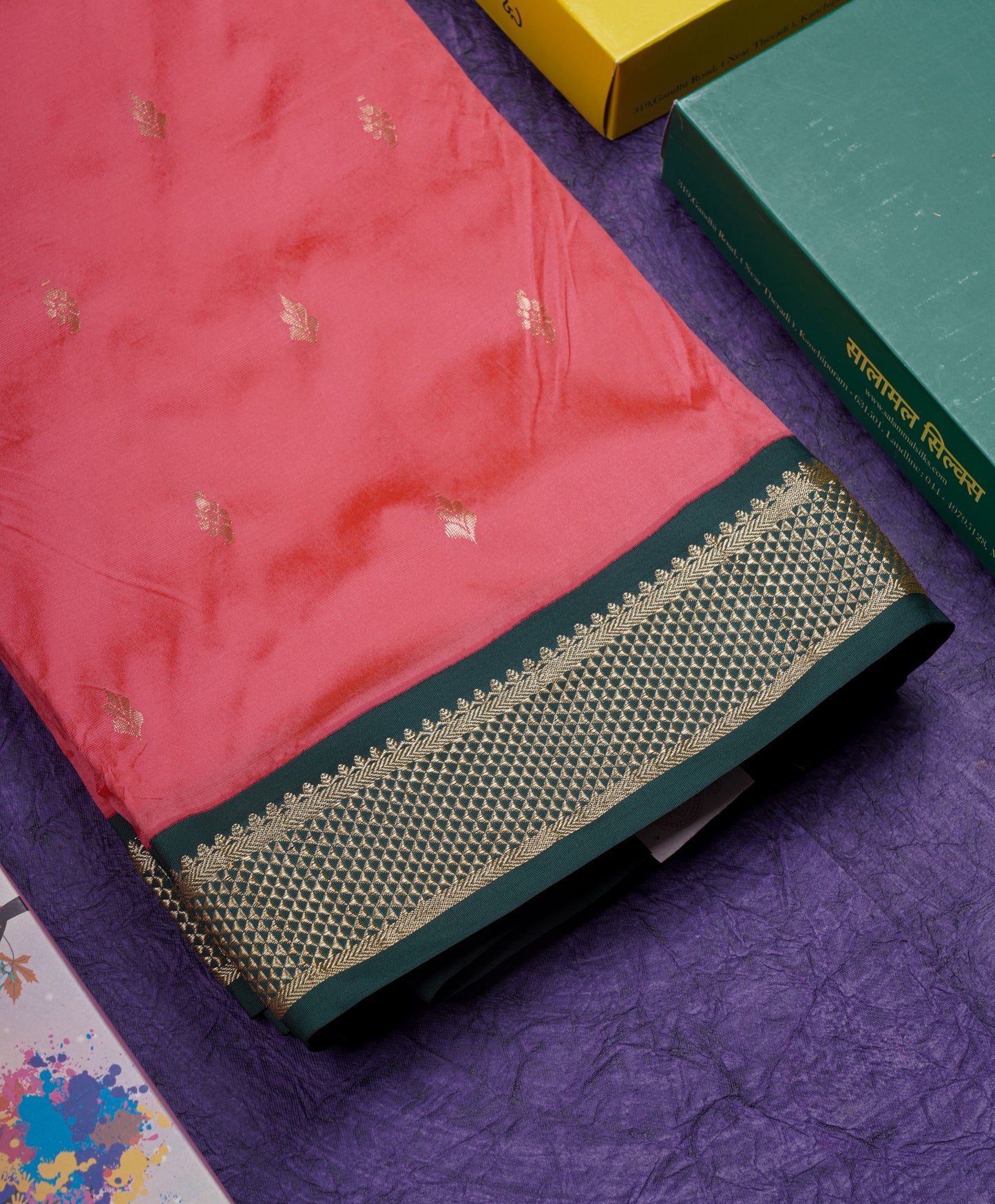9 Yards Semi Silk Saree Pink Colour with Royal Blue Border