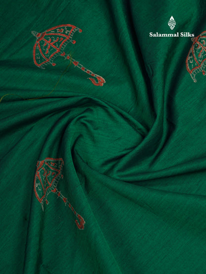 Beautiful Green South Cotton Printed Saree With Contrast Reddish Orange Blouse
