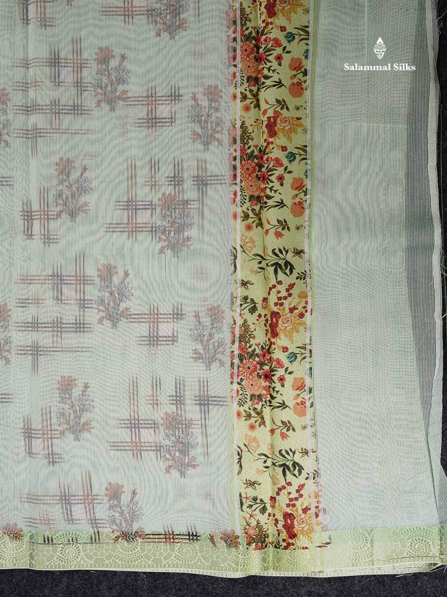 Cotton Mix Saree -  Elaichi Green Fancy Design Along With Small Thread Work Border