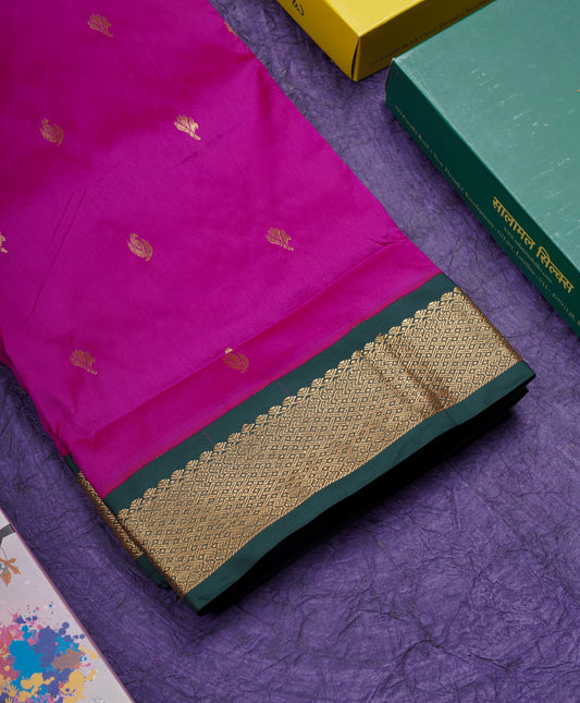 9.5 Yards Semi Silk Saree Vadamalli with Contrast Bottle Green Border