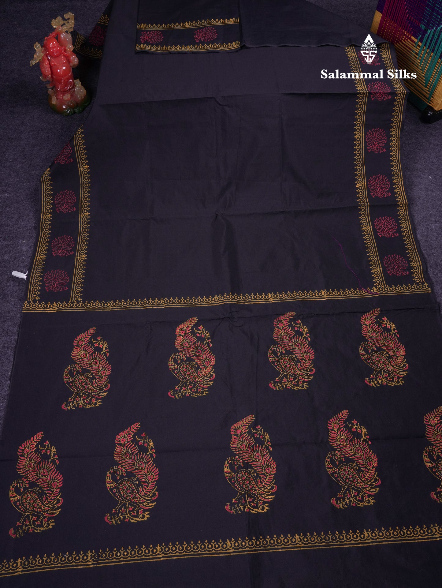 Beautiful Black South Cotton Printed Saree With Contrast Yellow Blouse