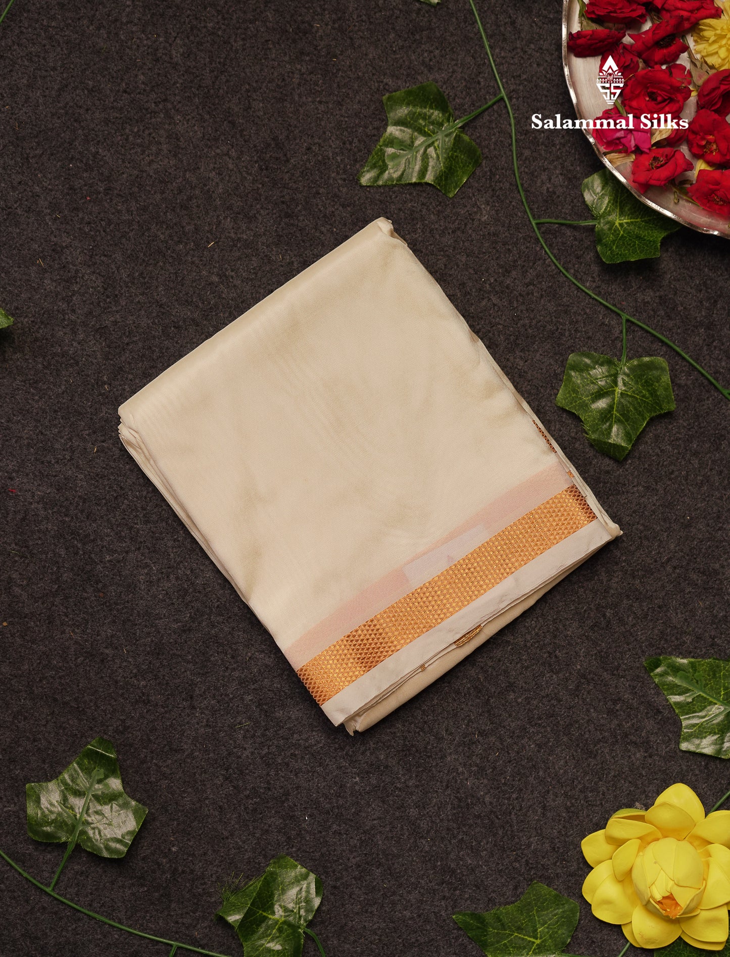 Beautiful Cream White Asha Mix (8x4) Dhoti With Gold Zari Border