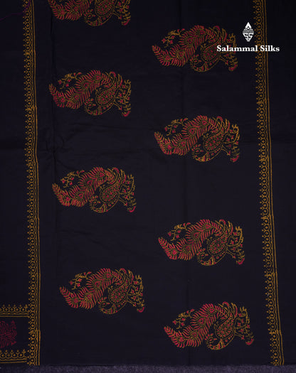 Beautiful Black South Cotton Printed Saree With Contrast Yellow Blouse