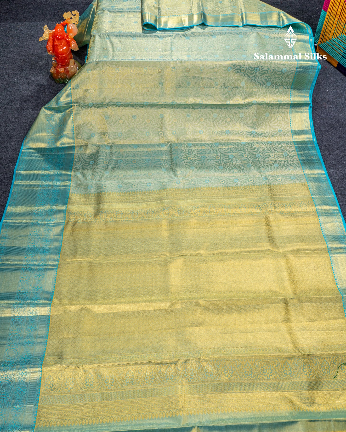 Rexona Green Tissue Bridal Pure Kanjivaram Silk Saree With Contrast Sky Blue Traditional Evening Morning Border