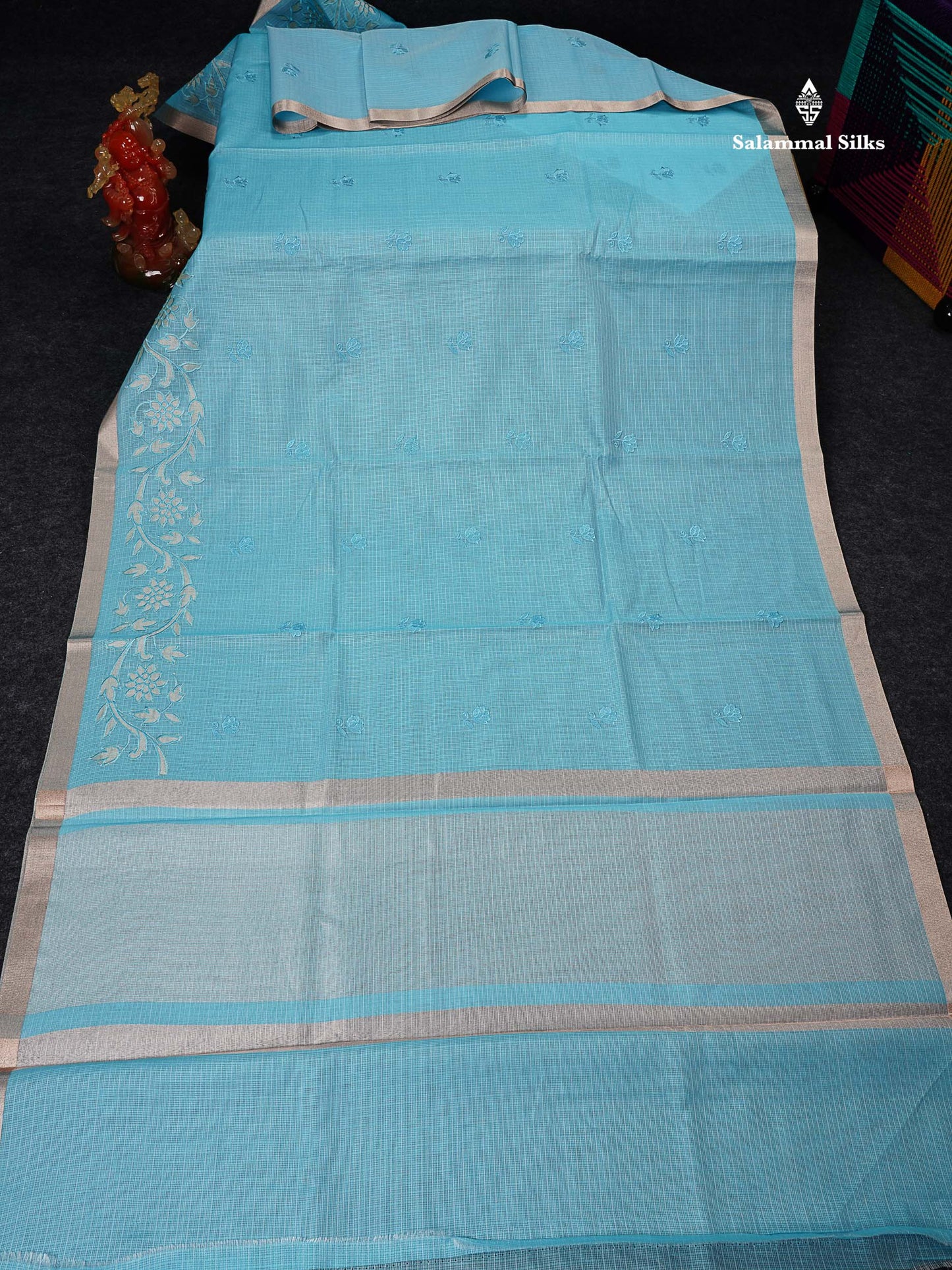 Cotton Mix Saree -   Sky Blue Embroidery Work Fancy Saree Along With Small Ribbon Border