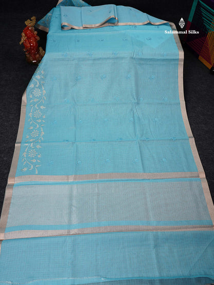 Cotton Mix Saree -   Sky Blue Embroidery Work Fancy Saree Along With Small Ribbon Border