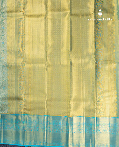 Rexona Green Tissue Bridal Pure Kanjivaram Silk Saree With Contrast Sky Blue Traditional Evening Morning Border