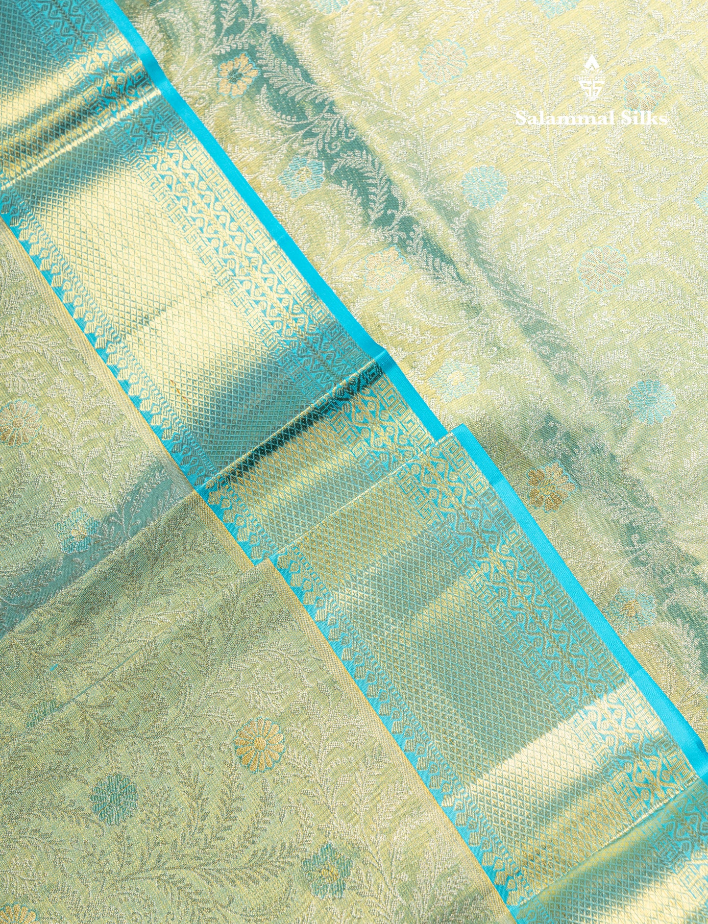 Rexona Green Tissue Bridal Pure Kanjivaram Silk Saree With Contrast Sky Blue Traditional Evening Morning Border