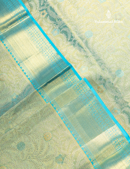 Rexona Green Tissue Bridal Pure Kanjivaram Silk Saree With Contrast Sky Blue Traditional Evening Morning Border