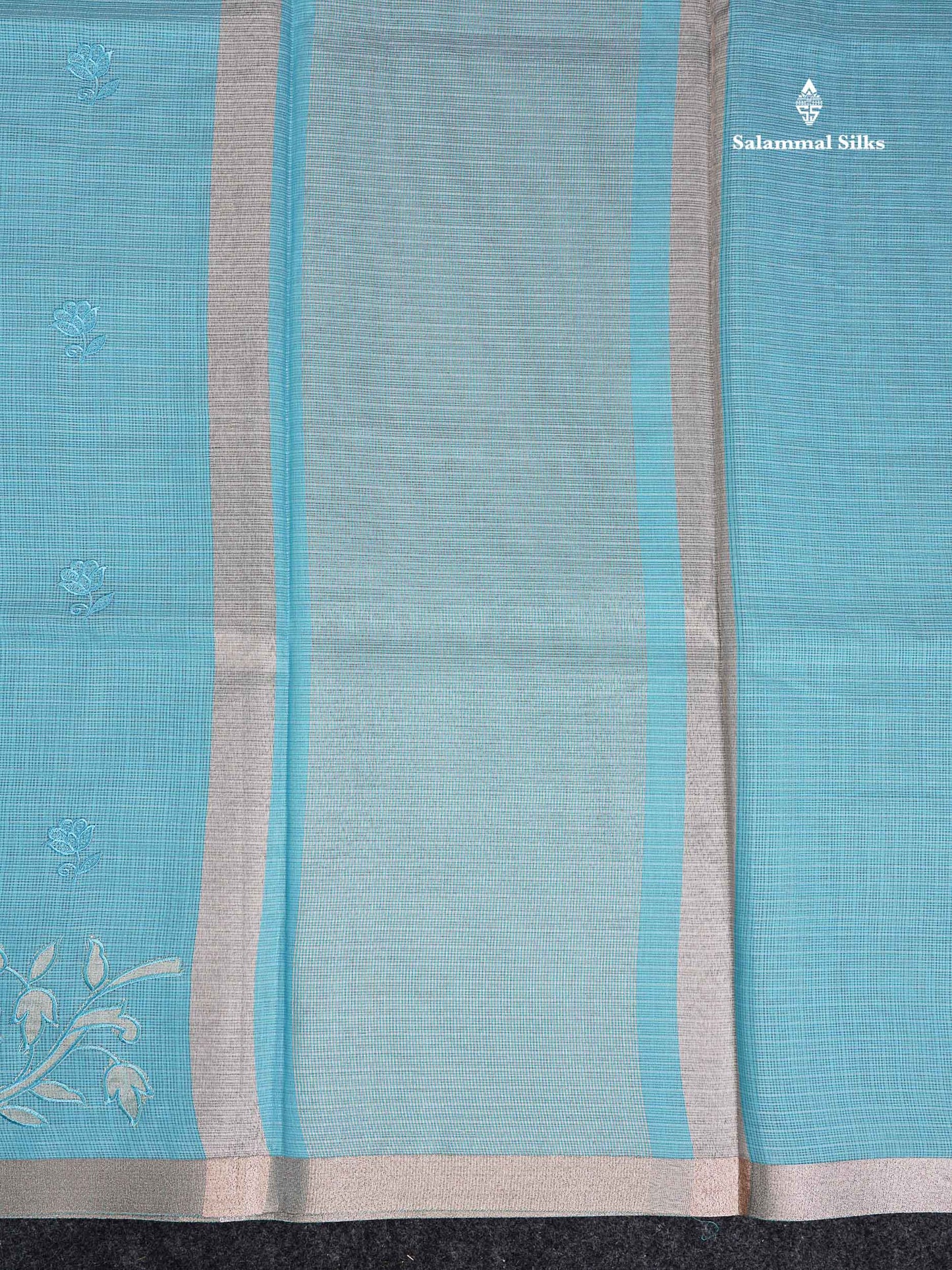 Cotton Mix Saree -   Sky Blue Embroidery Work Fancy Saree Along With Small Ribbon Border