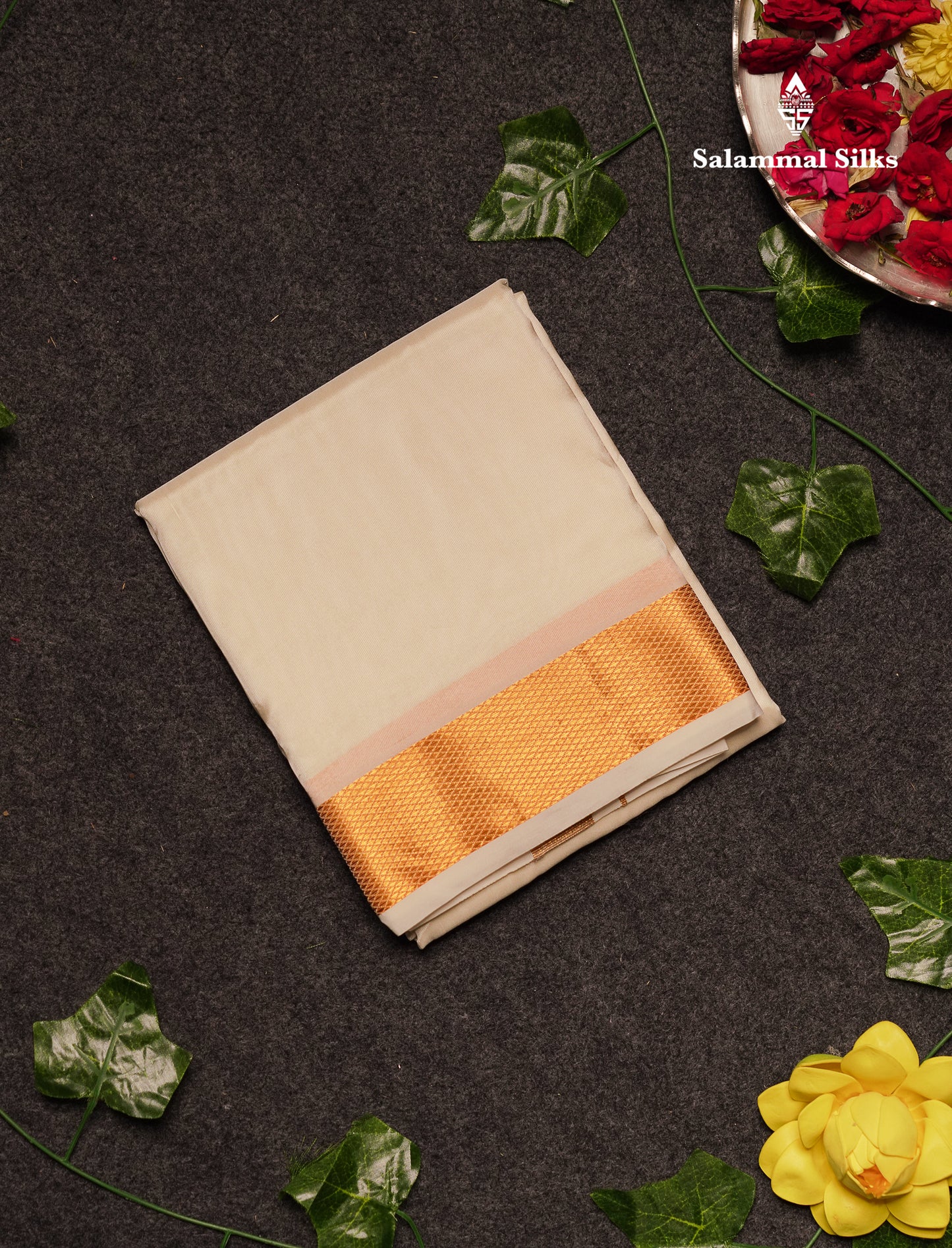Beautiful Cream White Asha Mix (8x4) Dhoti With Gold Zari Border