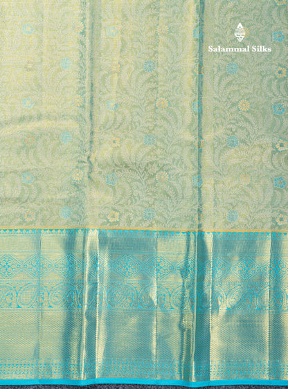 Rexona Green Tissue Bridal Pure Kanjivaram Silk Saree With Contrast Sky Blue Traditional Evening Morning Border