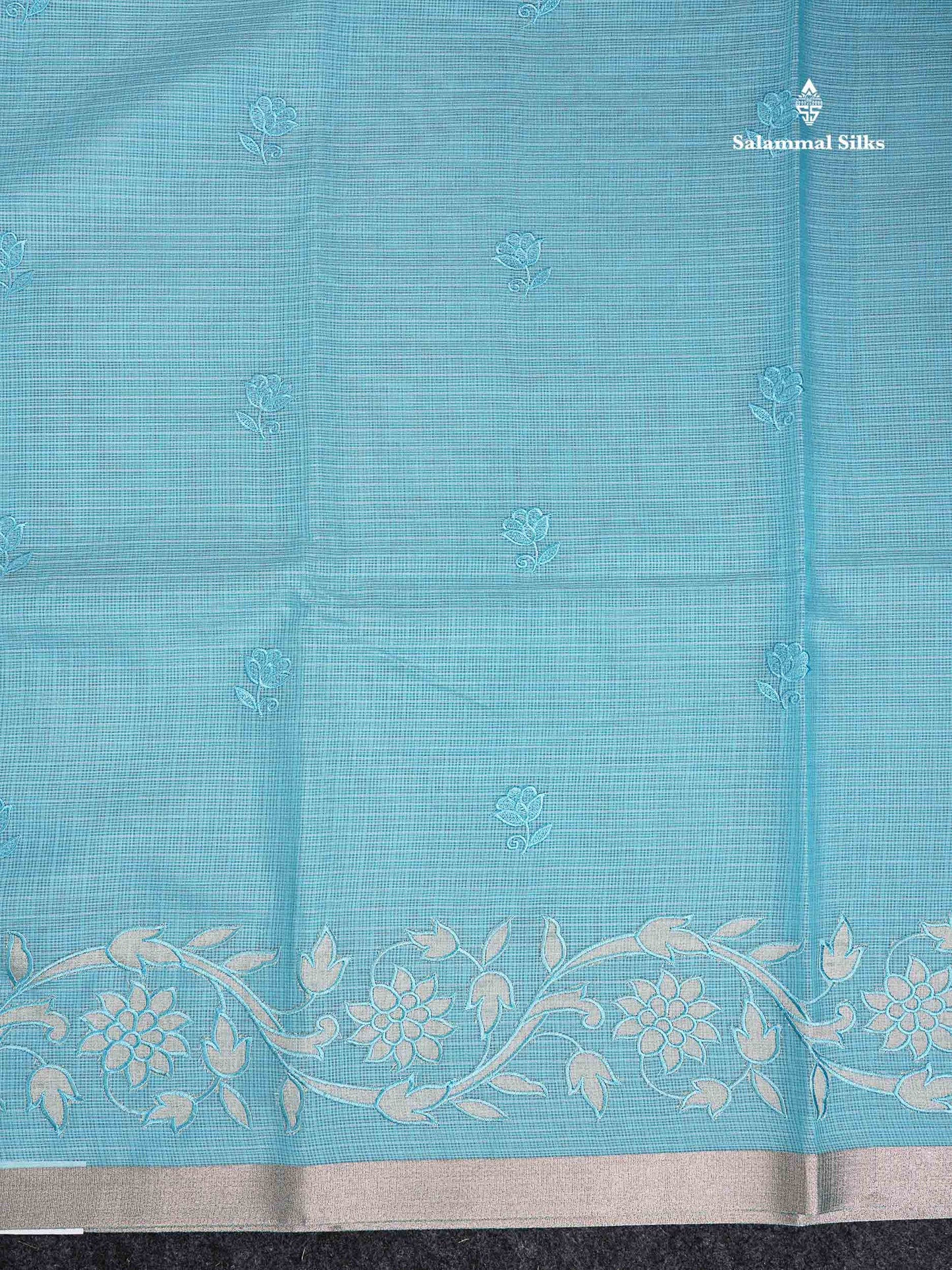 Cotton Mix Saree -   Sky Blue Embroidery Work Fancy Saree Along With Small Ribbon Border