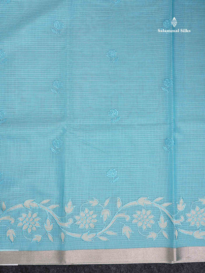 Cotton Mix Saree -   Sky Blue Embroidery Work Fancy Saree Along With Small Ribbon Border